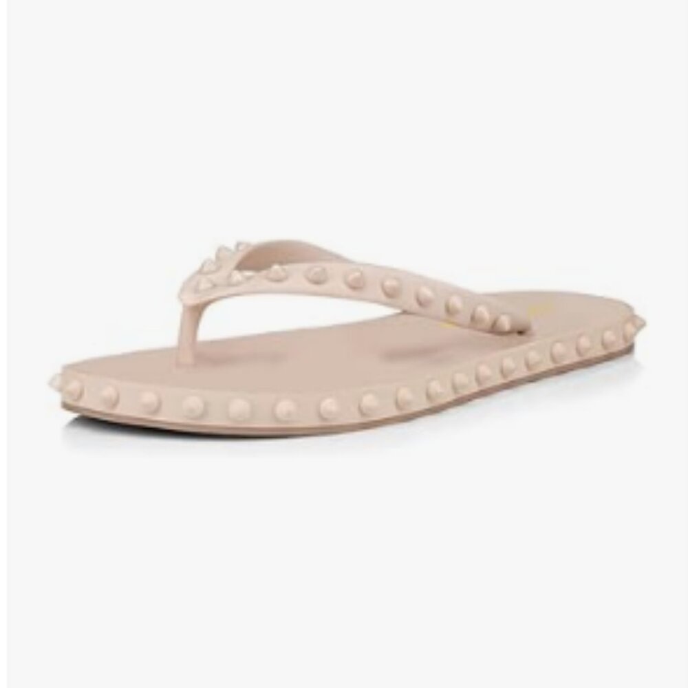 Milooey shoes Beige Studded Flip Flop Sandals Summer Flat Thong Slide Shoes